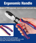Knockout 8 Inch Cable Cutter With Twin Cutting Edge And Rock Solid Hrc65 Steel Blade For Butter Smooth Snips On Electrical Wire in hand.