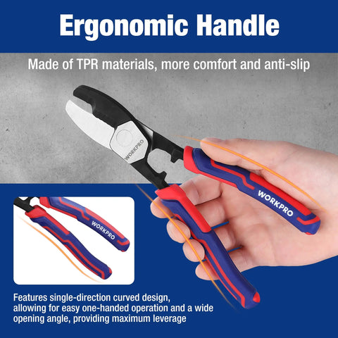 Knockout 8 Inch Cable Cutter With Twin Cutting Edge And Rock Solid Hrc65 Steel Blade For Butter Smooth Snips On Electrical Wire in hand.