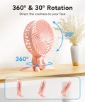 USB Desk Fan With CVT Variable Speeds on a desk, showing 360° and 30° rotation capability, portable and compact design.