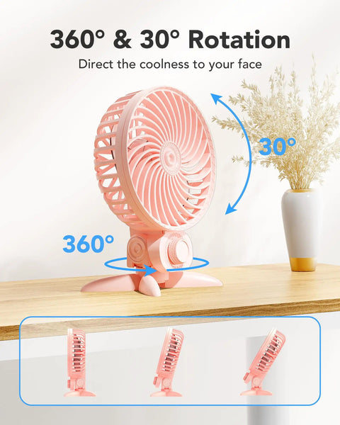 USB Desk Fan With CVT Variable Speeds on a desk, showing 360° and 30° rotation capability, portable and compact design.