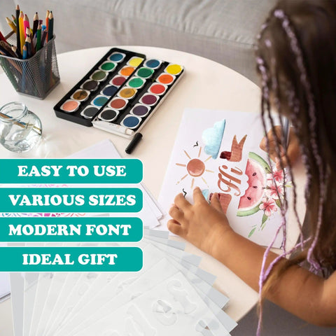 Child using Dope 124 Alphabet Numbers Mandala Stencils Set With Large Six Inch And Small Three Inch Pro Grade Reusable Letter Templates for drawing.