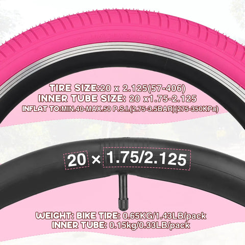 Close-up of magenta 20 Inch Bike Tire Set 2 Pack 2.125 Inch Wide Folding Bead Replacement Tires and Inner Tubes details