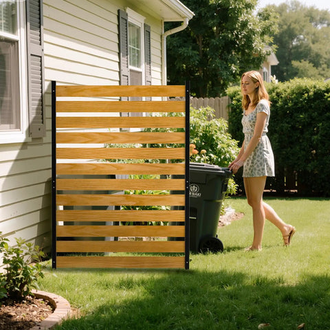 No Dig Wood Privacy Screen Fence Panel For Backyard 38 Inch Wide By 60 Inch High One Panel next to house hiding trash can