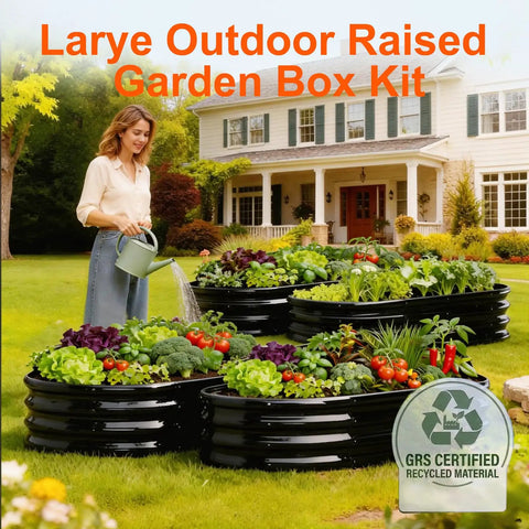 Two Pack Raised Garden Bed Oval Metal Planter Boxes GRS Certified Recycled Metal Rust Resistant Coated Heavy Metal Free and BPA Free Eco Friendly For Veggies Herbs And Flowers in a backyard setting