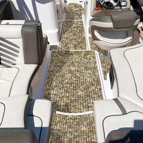 Camouflage EVA Boat Flooring 6mm Self Adhesive Marine Decking Sheet installed on boat deck, showing non-slip cushioned surface.