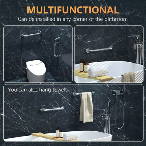 Bathroom installation of 16 Inch Anti Slip Shower Grab Bar with Grippy Textured Knurled Grip, Chrome Stainless Steel