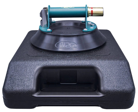 Woods Powr-Grip 10-inch concave vacuum cup with metal handle on black base.