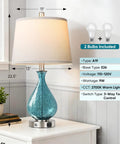 Cool Blue Ice Crackle Glass Table Lamps Set Of 2 22.5 Inch LED Lights With Touch Control And 3 Way Dimming White Fabric Shade shown on a table.