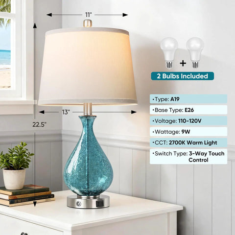 Cool Blue Ice Crackle Glass Table Lamps Set Of 2 22.5 Inch LED Lights With Touch Control And 3 Way Dimming White Fabric Shade shown on a table.