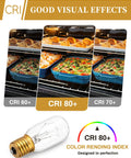 40W T8 E17 Appliance Bulb 120V showing color rendering effects in oven with CRI 60+, 70+, 80+; clear bulb with E17 base