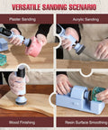 4 In 1 Resin Sander Kit With 203 Piece Set 2 Inch Hook And Loop Sandpapers Discs And Buffing Pads Pro Grade Grit Range From 60 To 5000 For Resin Crafts used on various materials including plaster, acrylic, wood, and resin visible in different sanding scenarios.