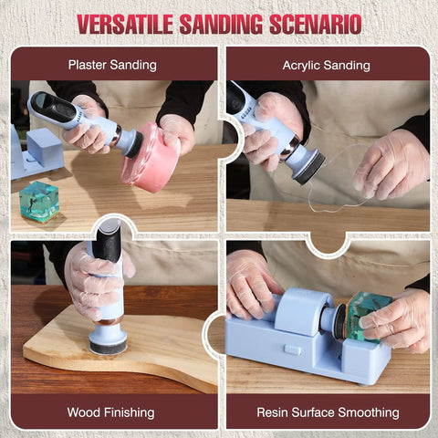 4 In 1 Resin Sander Kit With 203 Piece Set 2 Inch Hook And Loop Sandpapers Discs And Buffing Pads Pro Grade Grit Range From 60 To 5000 For Resin Crafts used on various materials including plaster, acrylic, wood, and resin visible in different sanding scenarios.