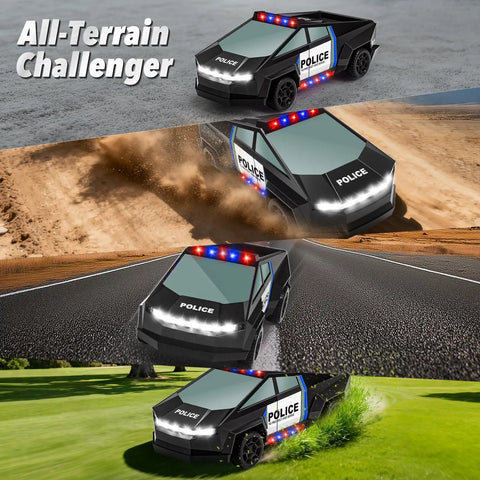 Remote Control Police RC Truck With Flashing LED Lights One To Twenty Scale Two Point Four GHz Rechargeable Racing Car For Kids showcasing performance on various terrains including sand, pavement, and grass