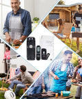 Collage featuring a Three In One Cordless Electric Knife Sharpener With Digital Meat Thermometer And Timer in various outdoor and kitchen settings.