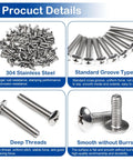Kickass Premium 304 Stainless Steel Truss Head Machine Screws M4 X 5Mm Phillips Drive fasteners shown in various orientations.
