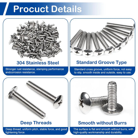 Kickass Premium 304 Stainless Steel Truss Head Machine Screws M4 X 5Mm Phillips Drive fasteners shown in various orientations.