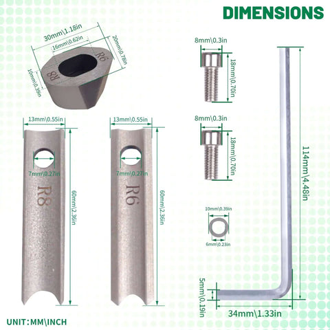 Dimensions of R6mm R8mm Metal Die Blade Replacement Kit for Corner Rounder Cutter Machine with detailed measurements and parts view