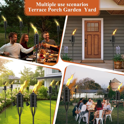 Citronella Garden Torch Set Of Six With Large 16 Ounce Metal Torches 59 And A Half Inch Tall Outdoor Torches in various settings.