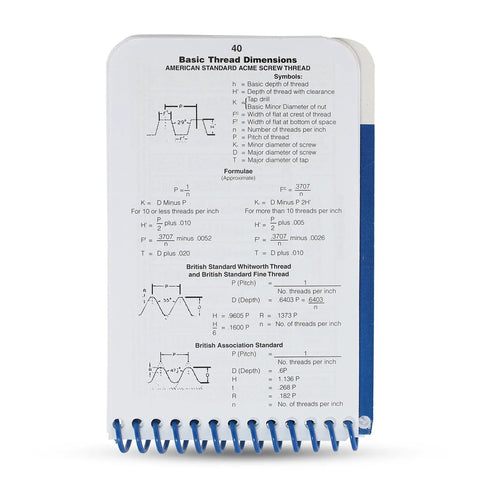 Heavy Duty Machinist Pocket Guide And Machine Shop Handbook with basic thread dimensions chart, spiral-bound, compact size.