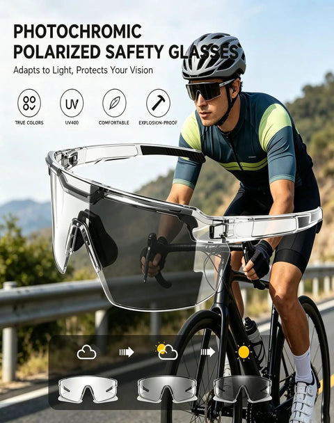 Kickass Photochromic Polarized Safety Glasses With UV400 Protection And Impact Resistant Build For Cycling Driving Work Tasks Ace Eyewear On Biker.