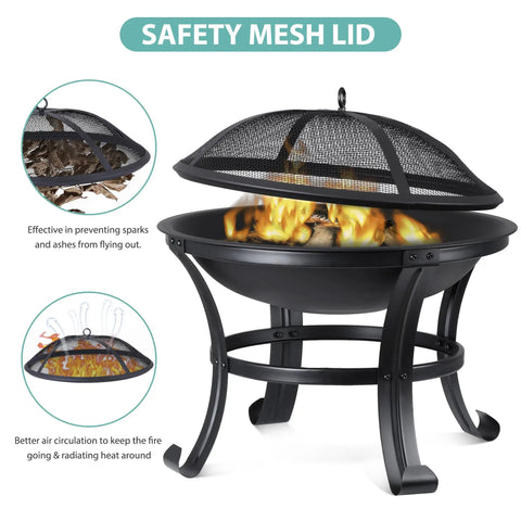 22 Inch Portable Fire Pit For Outdoor Wood Burning Steel Construction With Lightweight Grill Fire Pit Bowl Log Grate And Poker