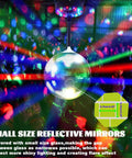 Six Inch Rotating Mirrors Disco Ball Light With Adjustable Five To Nine RPM Motor Base 24 RGB LED Mood Lights USB Or Battery Powered Lit For Party Club Stage Dance Bar with reflective mirrors.