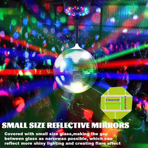 Six Inch Rotating Mirrors Disco Ball Light With Adjustable Five To Nine RPM Motor Base 24 RGB LED Mood Lights USB Or Battery Powered Lit For Party Club Stage Dance Bar with reflective mirrors.