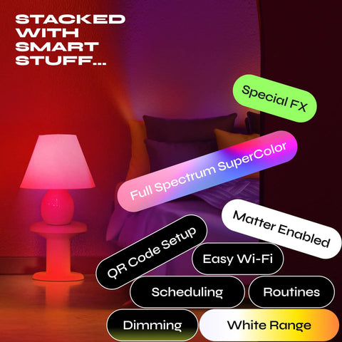 Color lit room showcasing features of Two Pack A19 Smart LED Bulbs Color Changing RGB and Warm White 1100 Lumens Dimmable Tunable Lighting.