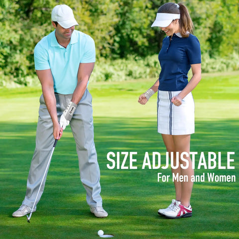 Lead Wrist Golf Swing Trainer Brace for Beginner Players worn on golfer's wrist demonstrating posture on putting green