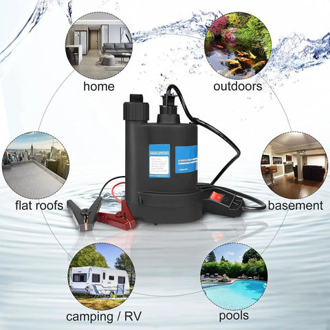 12V DC Submersible Sump Pump With Switch, 1500 GPH Workhorse Utility Water Pump for Basements, Pools, and Drains, Black with adapter