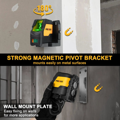 Pro Grade Green Beam Laser Level With Tripod For Construction And Tile Work, IP54 Tough Build, mounted on a wall with bracket