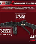 Slick Radiator Flush Kit Gun With Garden Hose Quick Connect For Automotive Coolant And AC System Cleaner, featuring multi-size nozzle and air latch.