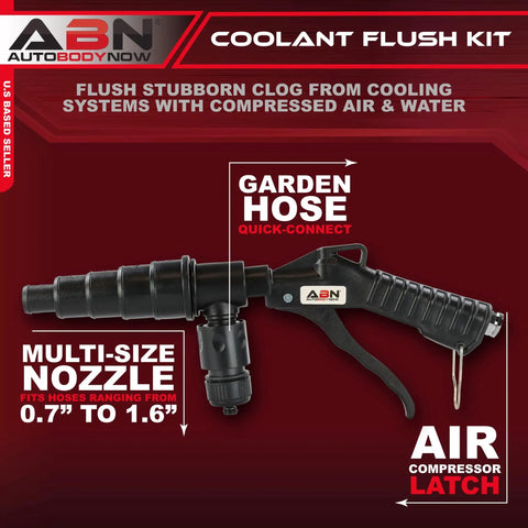 Slick Radiator Flush Kit Gun With Garden Hose Quick Connect For Automotive Coolant And AC System Cleaner, featuring multi-size nozzle and air latch.