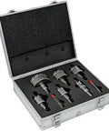 Pro Grade Electrician Hole Cutter Set Six Piece Tungsten Carbide Tipped Titanium Plated Cutters in open protective case