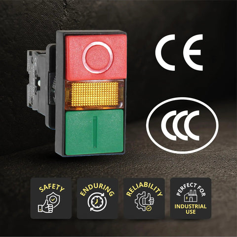 Double Head Push Button With Signal Lamp On Off Start Stop Switch for home and industrial use, red and green buttons, CE and CCC certified.