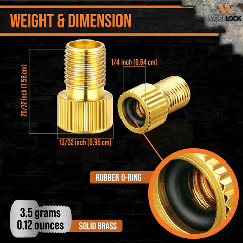 Brass No Fuss Presta To Schrader Valve Adapters Set Pack Of 5 With 10 Caps For Bikes, E-Bikes, And E-Scooters weight and dimensions
