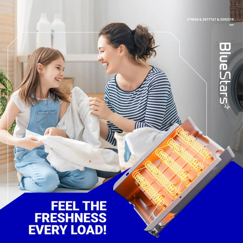 Mother and daughter folding laundry with inset of upgraded dryer repair kit with heating element 279838 thermal fuse 3392519