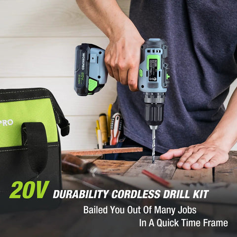 Person using the 20V Cordless Power Drill Driver Kit With Three Eighths Inch Keyless Chuck and green storage bag visible on table.