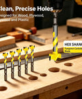 Top Shelf 5 Piece Forstner Drill Bit Set With Snag Free Hex Shank And Rugged Tungsten Carbide Tips, 5 bits on wood surface.
