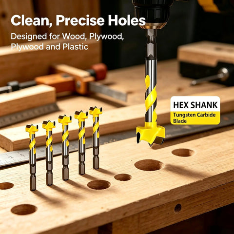 Top Shelf 5 Piece Forstner Drill Bit Set With Snag Free Hex Shank And Rugged Tungsten Carbide Tips, 5 bits on wood surface.