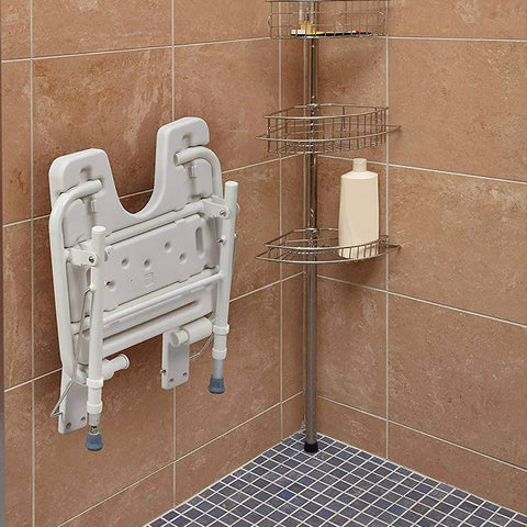 Wall Mount Fold Away Shower Chair With Adjustable Legs 16 By 16 Inch White Bath Seat Bench mounted on shower wall