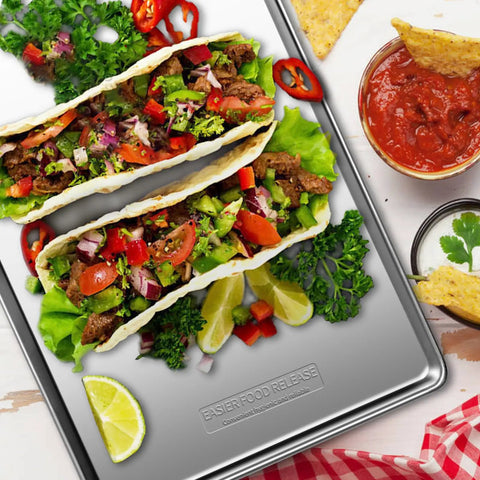 Sturdy Stainless Steel Baking Sheet Pan Set 18x13 Inches Two Pack with tacos and salsa, showcasing mirror finish and warp resistance.