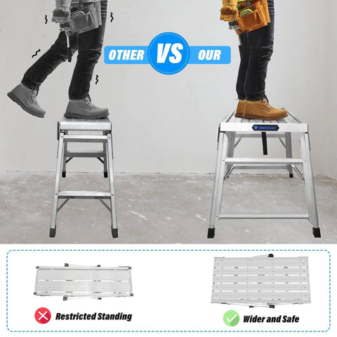 Heavy Duty Aluminum Work Platform Foldable Scaffold With Large 39.4 By 18.5 Inch Surface, 330 Lb Capacity, Seven Position Height From 24 To 35 Inches, Portable Ladder Style Work Stand For DIY, Painting, And Home Repairs shown wider standing surface comparison