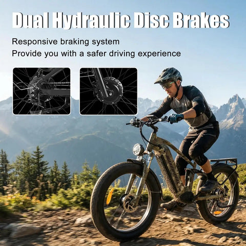 Rider with Beast 8000W Dual Motor Electric Mountain Bike for Adults With 60V 32Ah Battery, showing hydraulic disc brakes