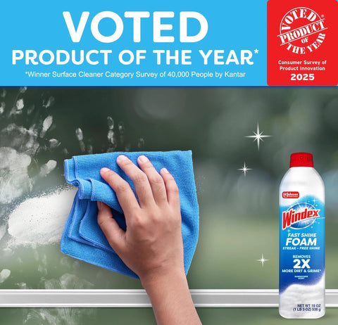 Windex Fast Shine Foam Glass Cleaner spray bottle with blue label, 19 oz, 2-pack, beside a hand wiping a window