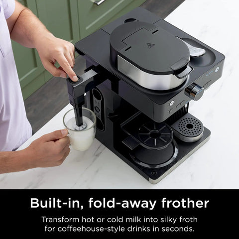 Person using Espresso And Coffee Maker Barista System With Built In Frother Three Espresso Brew Styles Nespresso Capsule Compatible 19 Bar Pressure For Rich Crema At Home Cafe Quality Espresso Cappuccino And Latte Maker Black