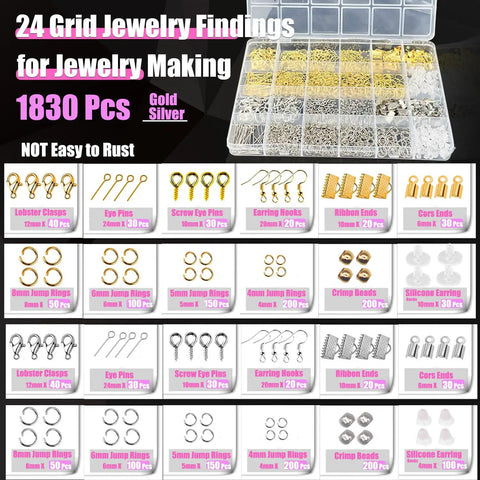 All In One Jewelry Making Kit With Tools And Findings, 1830 pcs of jewelry findings in a 24-grid organizer with clasps and hooks.