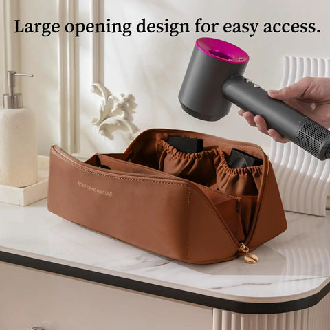 Travel Hair Tool Case For Dyson Airwrap And Shark FlexStyle with hairdryer next to brown waterproof case on counter