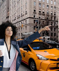 Yellow taxi with Blue LED Car Light Sign With USB Type-C Touch Control And Suction Cup Mount near woman gesturing in city street