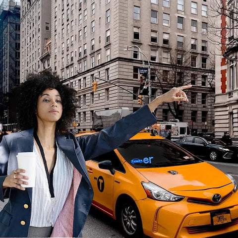 Yellow taxi with Blue LED Car Light Sign With USB Type-C Touch Control And Suction Cup Mount near woman gesturing in city street